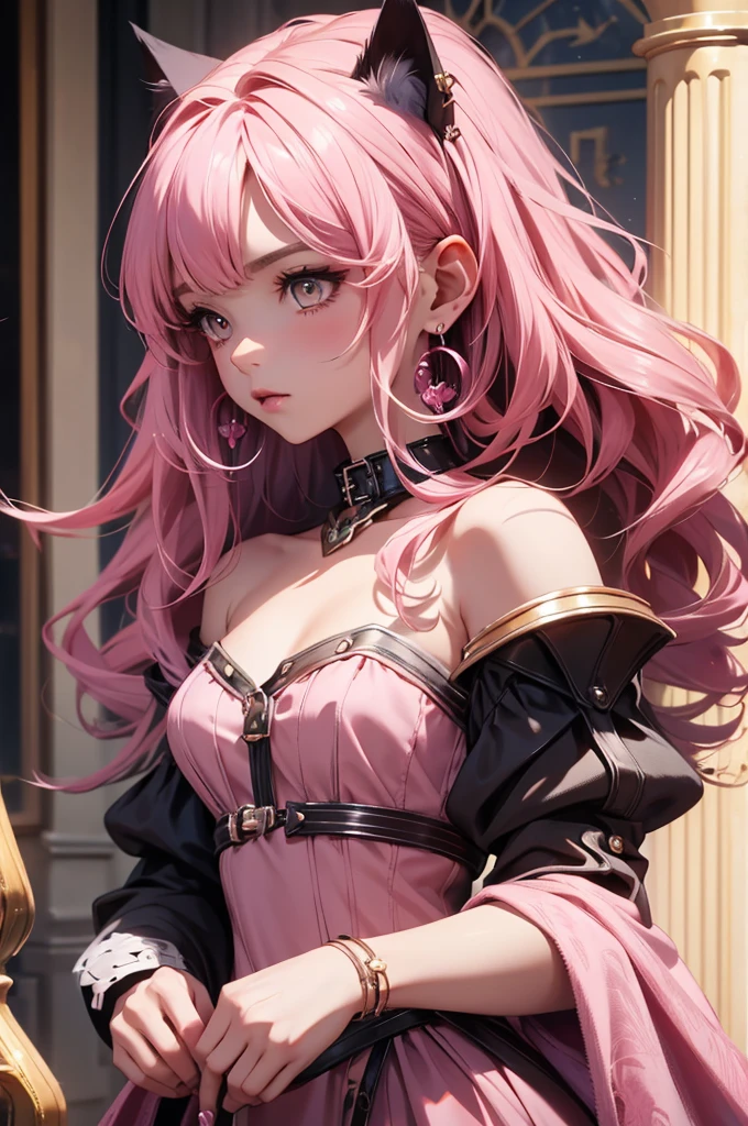 {{{official art}}}, {{Alone}}, {adult}lock of hair}, {{medium breasts}}, {neckline}, {hair ornament}, collar, earrings, two tone hair, pink hair, black fur, cat girls, knights armor