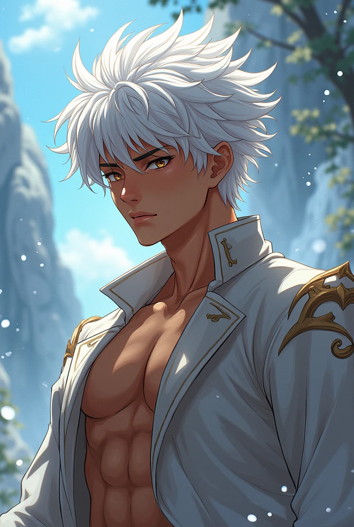 A handsome boy with dark skin, wolf ears and tail, golden eyes, short white messy hair, and only a loincloth is a very detailed portrait. The focus should be on his extremely detailed face, which should be breathtakingly realistic and capture every nuance of his expression. Realistically, who is just shirtless, close to his face, a portrait of himself.