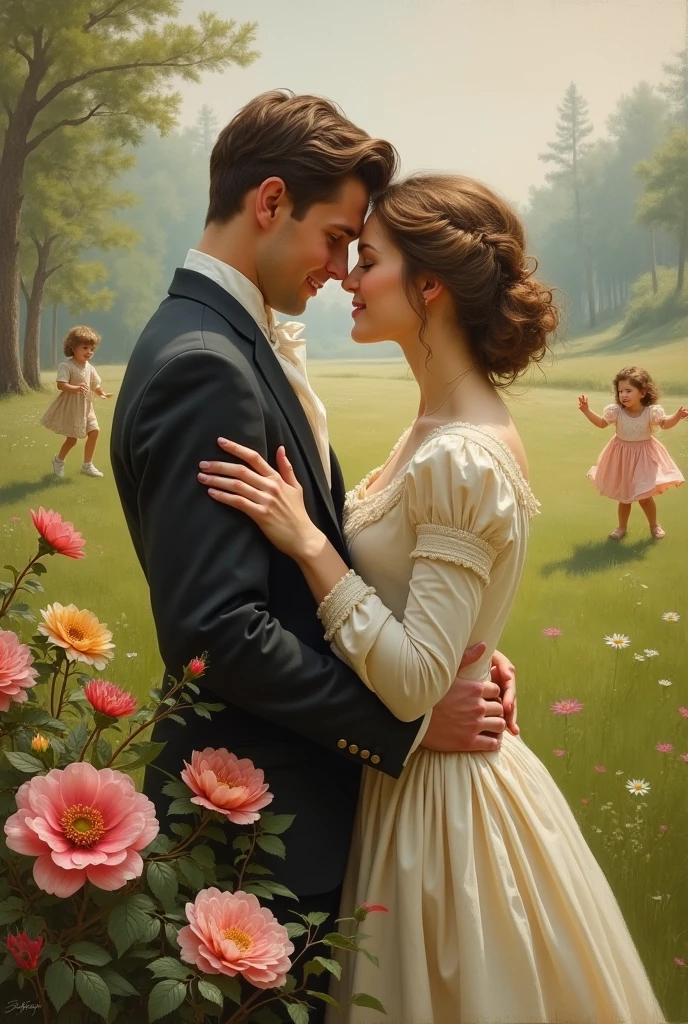 painting of a boy and girl kissing in a field of flowers, peasant boy and girl first kiss, ( art fitzpatrick ), boy girl traditional romance, romance novel cover, by Harold Sandys Williamson, by Art Fitzpatrick, by Robert Alwyn Hughes, by Jon Whitcomb, boy and girl, by Roy Dalgarno, angus mcbride, by John Philip Falter
