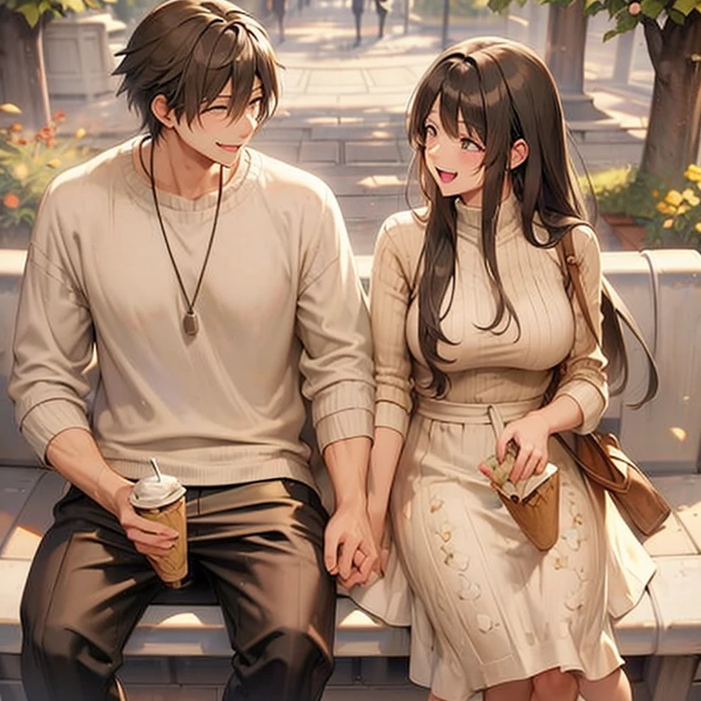 anime, a couple sitting on a park bench enjoying ice cream,  happy expression. They both fed each other and smiled widely.. good lighting, afternoon, shady trees, Garden lamp. White couple clothes 