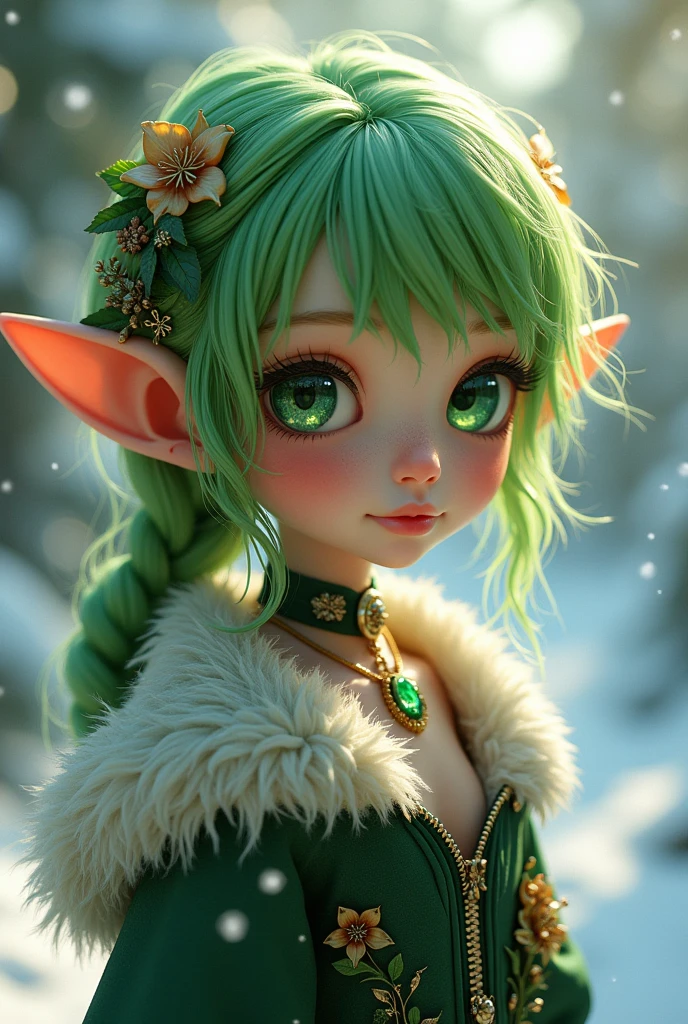 cute elf,(((little ,tiny little body,little))),((())),((anime elf with extremely cute and beautiful green hair)), (((elf))), (((elf ears))), (((flat chest))),((((green hair:1.35,messy green hair,braided green hair, (dreadlocks green hair:1.5),colored inner hair,hair over eyes,ear breathing)))),(((green_eyes:1.3))),intricate eyes,beautiful detailed eyes,symmetrical eyes,big eyes:1.5,(((lustrous skin:1.5,bright skin: 1.5,skin tanned,shiny skin,very shiny skin,shiny body,plastic glitter skin,exaggerated shiny skin,illuminated skin))),(detailed body,(detailed face)), (nsfw:1.5), girl, beautiful girl, sexy, ((pechos pequeños:1.5)), cute,slutty,erotic,daring,(nsfw), ((creepers on his body:1.3)),revealing clothing,show skin,(((Sexy green fur coat, green fur coat outfit, wearing a green fur coat:1.3,green winter coat))), ((visible thong straps)),((underpants strap)),(green clothes,semi-naked,with little green clothing),(((leaves and flowers on her clothes:1.2,leaves on her clothes:1.2, flowers on her clothes:1.2,leaves and flowers on her hair:1.5))),(((intricate outfit,intricate clothes,embroidered outfit,ornate outfit))), (mirandio atras pose:1.5),embarrassed,(centered,scale to fit dimensions,Rule of thirds), ((snowy pine forest)),winter,scenery:1.25,((intricate scenery)),((snow forest background)), ((((cuerpo completo:1.5)))),
(Glossy winter ornaments),highres,sharp focus,(ultra detailed,extremely detailed),(photorealistic artwork:1.37),(extremely detailed CG unity 8k wallpaper),(((vibrant colors,vibrant theme))),(intricate),(masterpiece),(best quality),artistic photography,(photography taken by sldr),(intricate background),perfect rendered face,perfect face details,realistic face,photo realistic,analog style,((intricate detail)),(((realism))),