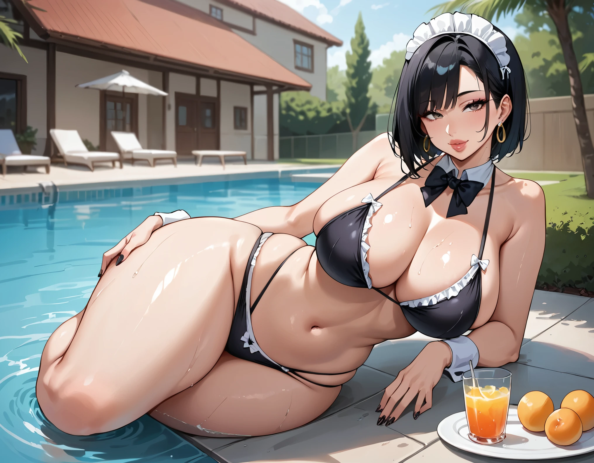 mature female, mom, milf, 40 year old woman, black hair, bob cut, long side locks, asymmetric hair, ((thick lips)), (puffy lips), seductive smile, parted lips, makeup, tall, wide waist, ((wide hips)), (((thick thighs))), [huge ass], (huge breasts) , cleavage, navel, tall, [long legs], oily breasts, maid headdress, maid apron, maid bikini, bare shoulders, ((frills)), (big earrings), bow panties, bowtie, detached cuffs,, outdoors, pool, poolside, ((sexy pose)), dynamic pose, hip and thigh focus, realistic lighting, head tilt, painted nails, dutch angle, ((wet)),giga_busty, holding plate of drinks, on side, wading