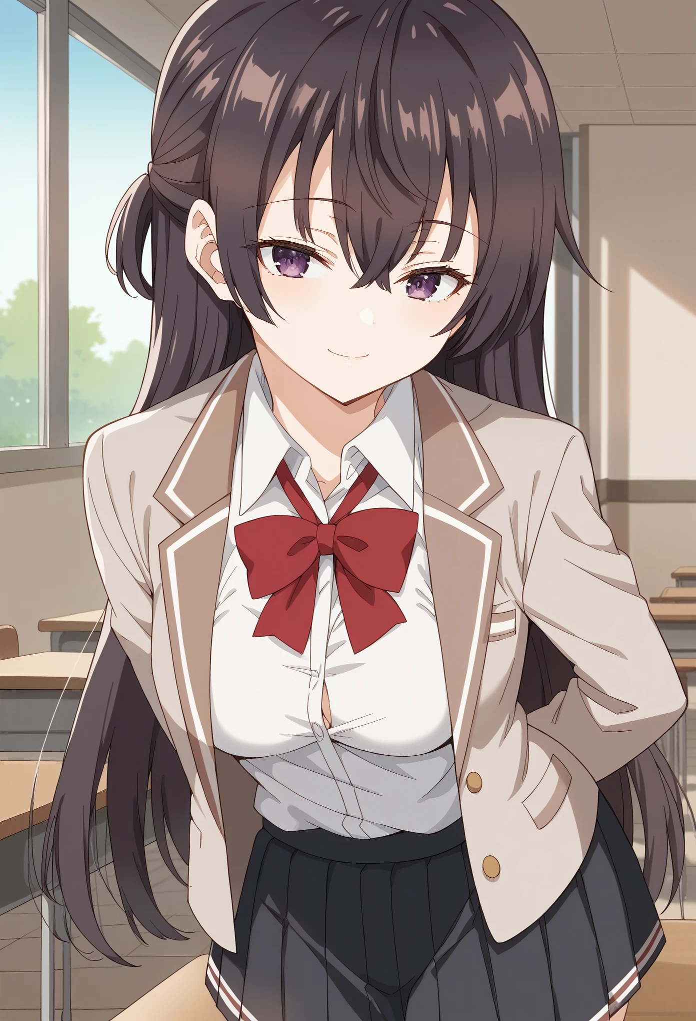 Score_9, Score_8_up, Score_7_up, ASCII masterpiece, source_anime, BREAK, 1girl, solo, 
yukisuou, yukisuou, long hair, bangs, brown hair, black hair, hair between the eyes, purple eyes, half up, , shirt, bow, school uniform , jacket, white shirt, collared shirt, bow tie, red bow, blazer, red bow tie, black skirt, pleated skirt, indoors, standing, seductive smile, leaning forward, hands behind the back, head tilted , 
classroom 

(Beautiful, medium breasts: 1.2), natural breasts,