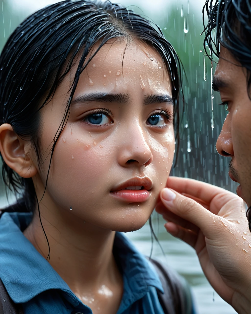 A potret of hyper realistic and a Capture a medium-distance, photorealistic shot of a young 20-year-old Arabian girl with tears streaming down her cheeks, her hand trembling as she gently touches the cheek of a focused 20-year-old Thai man staring back at her. Focus on the smallest details to evoke deep empathy: The wet strands of her hair clinging to their tear-stained faces, the texture of her skin is detailed and real as raindrops mix with tears, showing signs of love and affection. The scene is set in a rain-soaked dystopian environment, with the raindrops being highly detailed as they wash over the surface of the man and the girl's fingers. Use a very shallow depth of field of f/1.8 to maintain focus on the girl's sad expression and intricate textures, while the background melts into a soft, hazy mist. Set ISO 100 to capture every detail with stunning clarity, and a moderate shutter speed of 1/125s to freeze the rain, enhancing the sense of a moment of emotional pause. Lighting should be soft and directional, providing soft highlights and shadows, with a cool, unsaturated color palette tinged with blue to reinforce the sad, reflective mood. The delicate vignette should draw the viewer's attention to the center, ensuring the scene resonates with a strong sense of empathy and connection.
1girl, 1 boy, High Resolution, Sad , Masterpiece, Accurate, Award Winning, Best Quality, Detail, Textured Skin, Super Detailed, Expressions, Facing Another, Multiple Views, Blurry Foreground, Sony FE GM, 8K Octane, Artistic, Digital Art, Futurism, Futurism, Hyperdetailed, Hyperrealism, Photorealistic, Portrait Photography, Realism, Surrealism, Unreal Engine, 