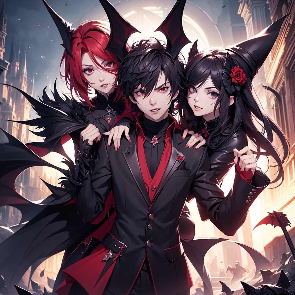 Genera 3 personajes de anime un hombre y dos mujeres El hombre con pelo rojo y mechones negros ropa negra fumando Con horns y Red eyes la Mujer 1 Blanca, black hair somewhat curly, Red eyes, shoulder length hair, busto grande y horns y la mujer 2 Morena, short straight hair, braids on the sides, elegant, horns, tired face and eye shadow