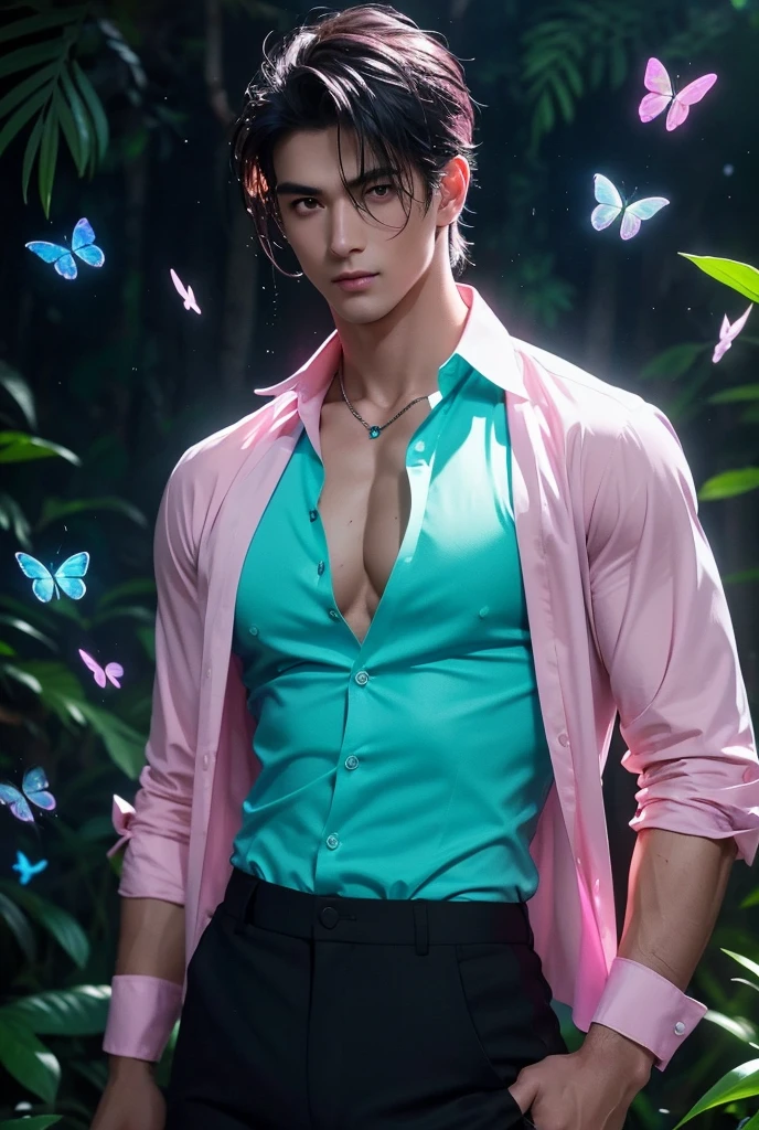 A strikingly tall handsome muscular young man, beautiful detailed eyes, beautiful detailed lips, extremely detailed eyes and face, smooth skin, he is bathed in the glow of bioluminescence surrounding him, sexy gaze, looking at the viewer romantically, sexy expression, sexy posture, short hairstyle, ((wearing (pink color exquisite shirt) and black pants, jewellery), (open shirt showcasing chest and abs)), beautiful, gorgeous, wet, sensual, alluring, erotic, background: An enchanted mystical forest at it's darkest night, the ground is covered in soft moss, (bioluminescent mushrooms) emitting a gentle ethereal light, small (bioluminescent butterflies) fluttering around, faint (glowing wisps) floating through the air creating a fantasy world, magic, fantasy, mystical, vibrant colours, full length portrait