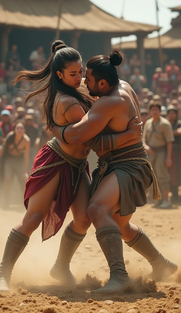 A Man in Pants and a Blouse and a Woman with Glasses, White Skin with Some Muscles, Curly Hair, Shorts and a Tank Top, Fight Wrestling in an Arena with Ancient Architecture with 2 or 3 Statues of People with Empty Stands