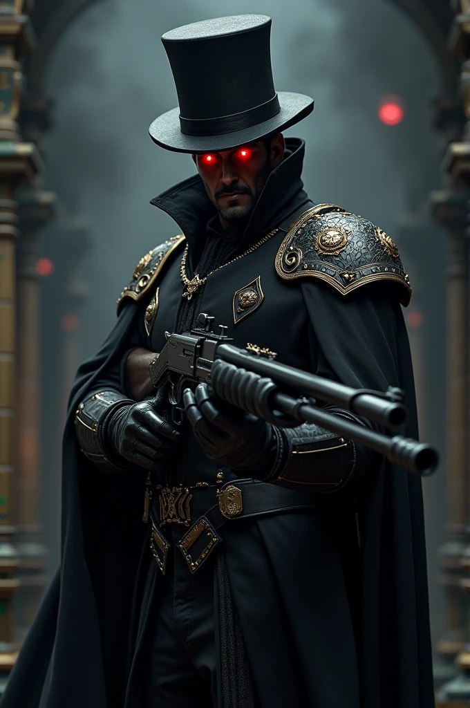 Red-eyed man in dark armor is wearing a magician's top hat, usando uma shotgun, posh