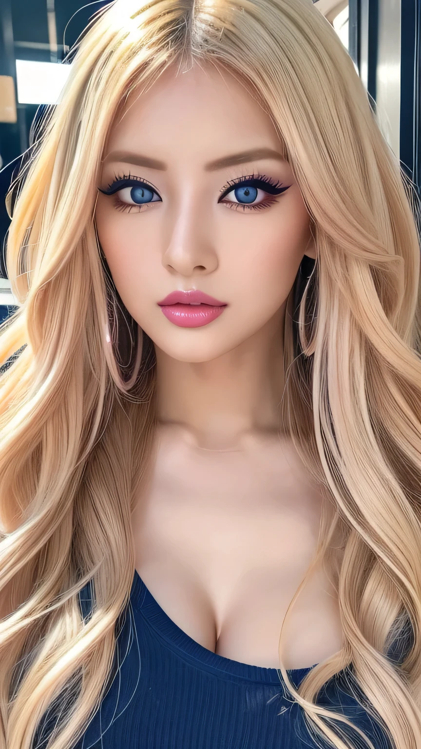 ((Highest quality, 超High resolution、The most complex and detailed depiction))、(Bright lighting:1.1)、(Beautiful woman:1.1)、(Long Wavy Hair:1.05), (Accurate anatomy:1.1)、Colored contact lenses、Perfect Makeup、Pink lipstick、Highly saturated eyeshadow、Unparalleled beauty, Glossy, firm and shiny skin, Bangs between the eyes, Beautiful shiny curly platinum blonde hair, Ultra long wavy silky hair, eyeliner, sexlyで美しい無邪気な30歳, High resolution, Very beautiful and shiny、Large, extremely bright light blue eyes、Very big eyes、Beautiful and lovely girl, ((Huge ))、((erotic、sexly、超High resolution、The lighting is bright、Precise needles without discomfort))、