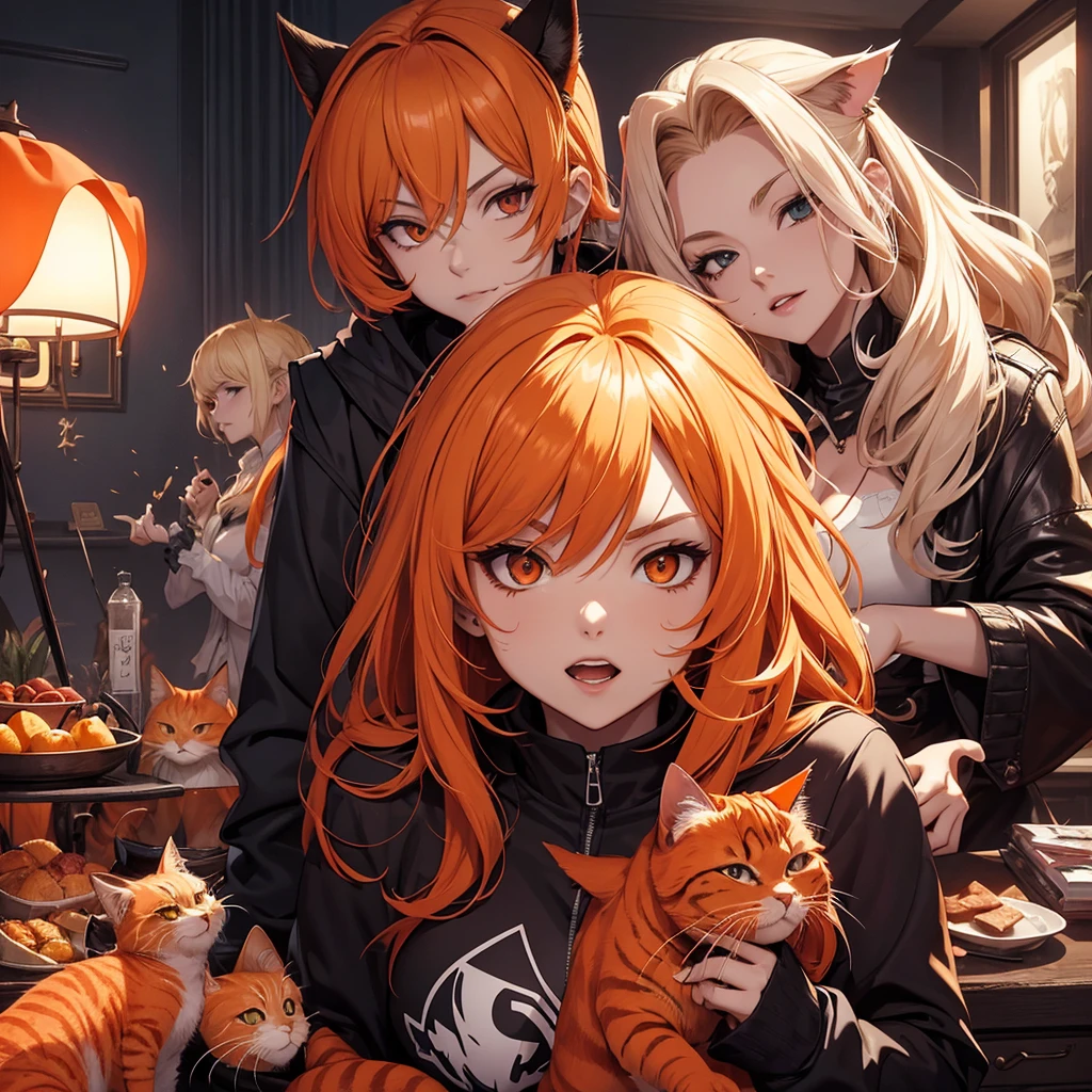 Two love couples cuddling hugging girl with orange hair cat ears wearing black latex catsuit skin tight a boy with black hair cat ears and also wearing latex catsuit back hugging cuddling couples love