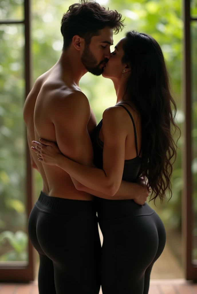 Woman wearing gray leggings, sitting on a man&#39;s thigh, highlight big butt,