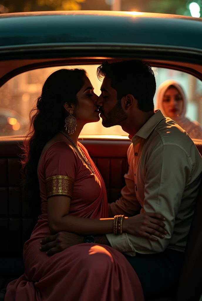 Indian 40 year old woman wears kurta and slacks, sitting on back seat of the car at night, having shawl on his laps, seductive and sexual facial expressions. And Indian teenage boy is sitting behind her, kissing her neck