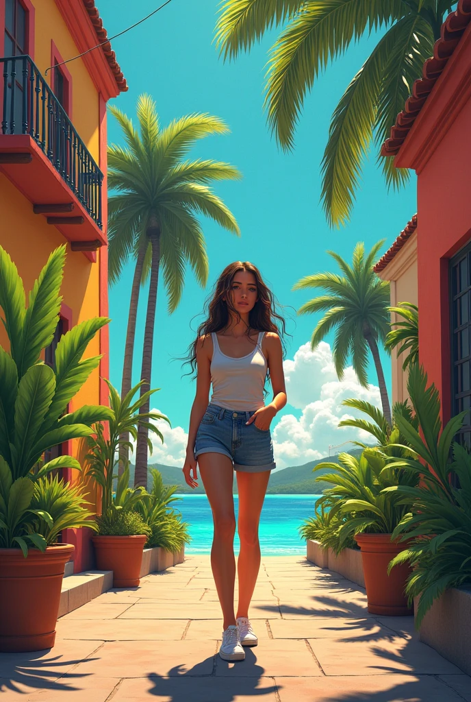 (masterpiece, best quality), beautiful woman, 23 years, soft light, strapless crop-top with floral pattern, short crop-top, short skirt, cleveage, underboob, wavy hair, turquoise, black pantihose, sneakers, ponytail, asymmetrical bangs, perfect face, beautiful face, alluring, big gorgeous eyes, soft smile, perfect slim fit body, outdoors, standing, abstract background, bright colors, (risograph), full body shot, fullbody, medium breasts, solo, cleveage, sexy