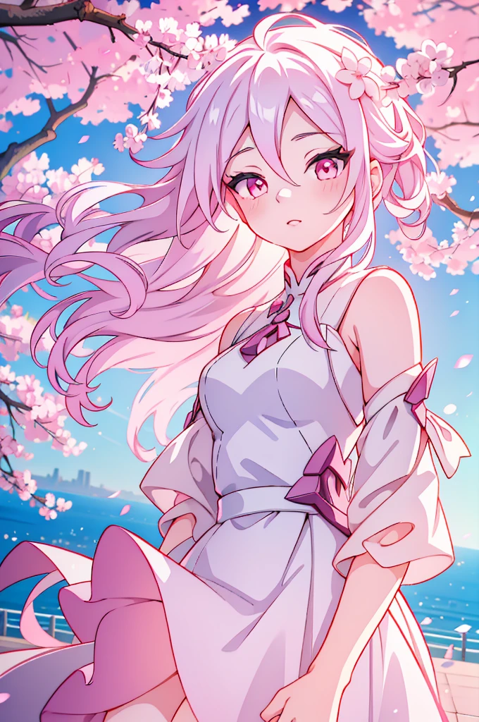 Anime Woman, long white hair, pastel pink eyes, in a beautiful white dress, Looking down into the camera, with a beautiful background of a city with sakura trees, good anatomy, 8k, High resolution