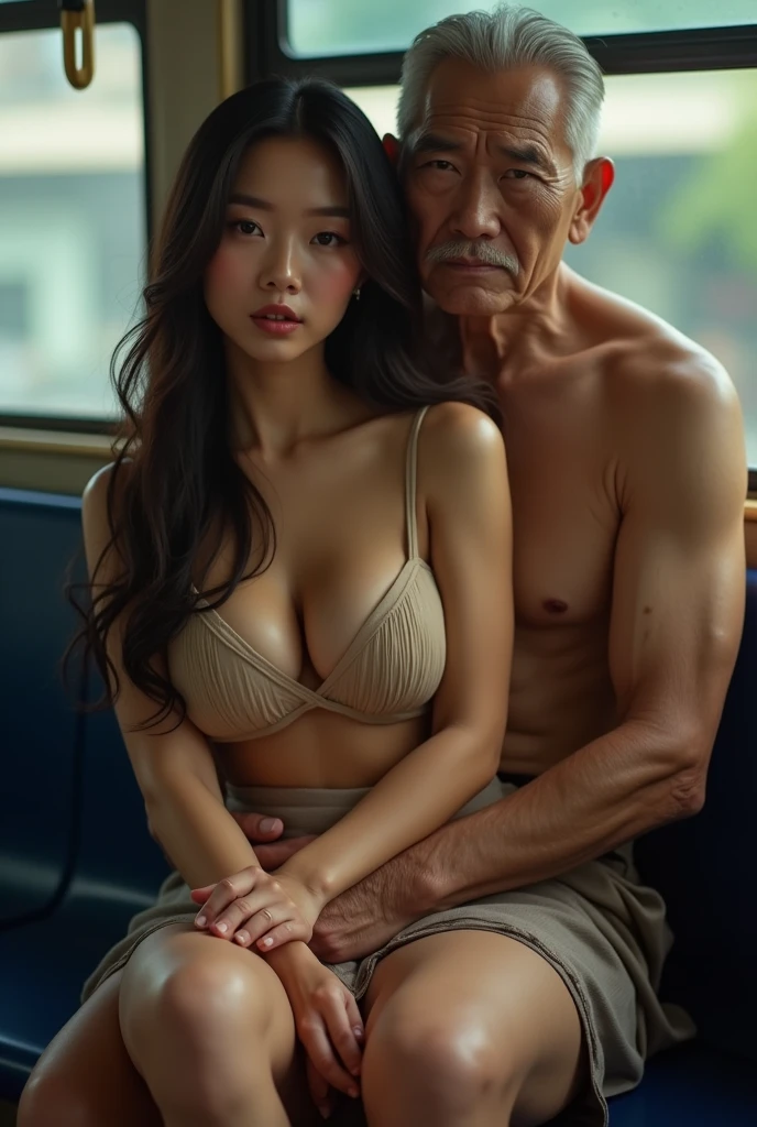 4 beautiful Asian girls , One old man, wearing only his underwear. ,wear hijab ,Thin underwear, Red and blue and yellow ,Larger than normal breasts , Love together , Open Outbound , see pussy ,sitting on a chair ,see nipples ,Lustful face