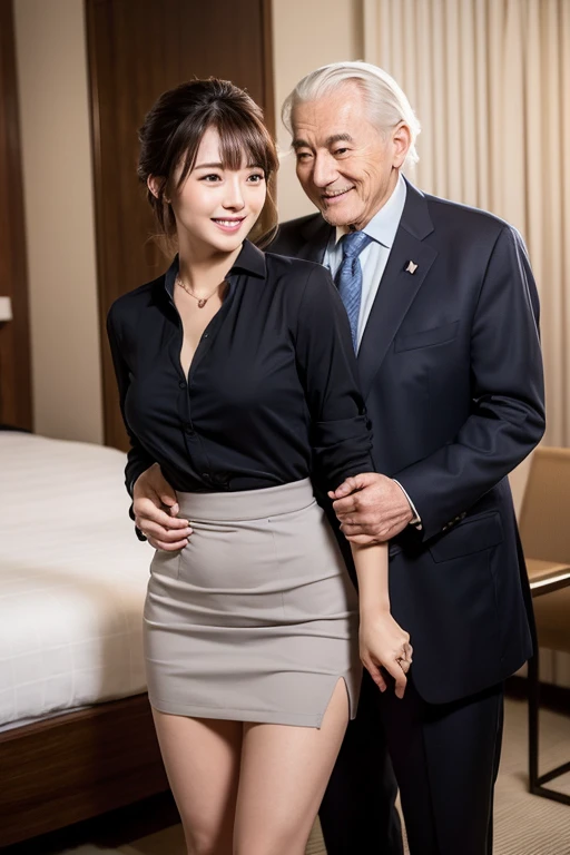 masterpiece、Photo quality、Japanese mature woman and old man couple、Women are business women、Updo、smile、bangs、Droopy eyes、sexy、Beautiful flesh-colored thighs、A luxury hotel room、Men have gray hair、Woman and man are hugging each other、A man touches a woman&#39;s breasts、kiss、Sex、caress、sexual behavior、