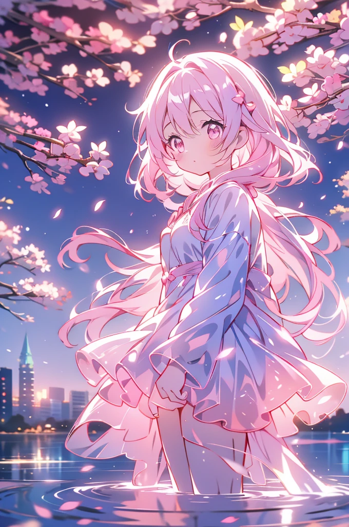 Anime Woman, long white hair, pastel pink eyes, in a beautiful white dress, Looking down into the camera, with a beautiful background of a city with sakura trees, good anatomy, 8k, High resolution