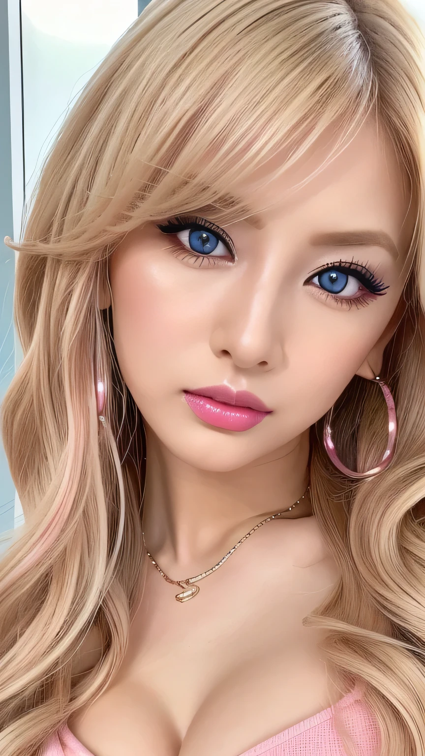 ((Highest quality, 超High resolution、The most complex and detailed depiction))、(Bright lighting:1.1)、(Beautiful woman:1.1)、(Long Wavy Hair:1.05), (Accurate anatomy:1.1)、Colored contact lenses、Perfect Makeup、Pink lipstick、Highly saturated eyeshadow、Unparalleled beauty, Glossy, firm and shiny skin, Bangs between the eyes, Beautiful shiny curly platinum blonde hair, Ultra long wavy silky hair, eyeliner, sexlyで美しい無邪気な30歳, High resolution, Very beautiful and shiny、Large, extremely bright light blue eyes、Very big eyes、Beautiful and lovely girl, ((Huge ))、((erotic、sexly、超High resolution、The lighting is bright、Precise needles without discomfort))、