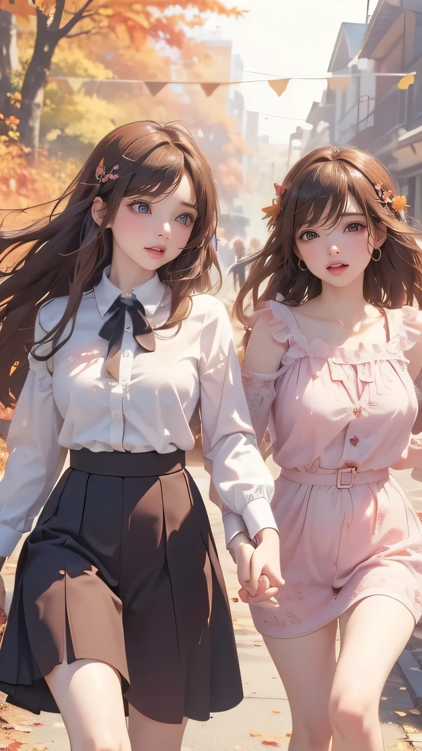 Detailed image quality,clear and beautiful eyes,,high quality,(best quality, masterpiece, Very detailed, ((masterpiece), 2 girls, run each other, autumn, maple, A happy smile, A girl ran from behind, cleveage, Holding Hands, chic clothes