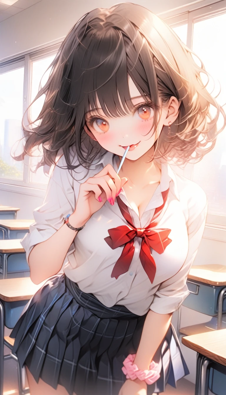 handjob,side view,face focus,eye-level shot,,Short sleeve shirt,Checked tie,Checked Skirt,open mouth,tongue out,cum on tongue,lick,(1girl,Beautiful  girl),front face,from front,looking at viewer, looking ahead,Black Hair,Short Twin Tails,Gray Eyes,Drooping eyes,slit pupils,narrow eyes.Beautiful and detailed anime art,Mischievous smile,Dimly lit room,Simple Background,Gray background,Low lighting
