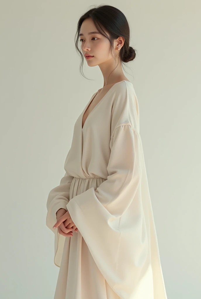 a woman standing in a room, elegant and graceful pose, hands in pockets, soft lighting, muted colors, white and light gray tones, mihalkatz style, extremely detailed, 4k, high quality digital photograph