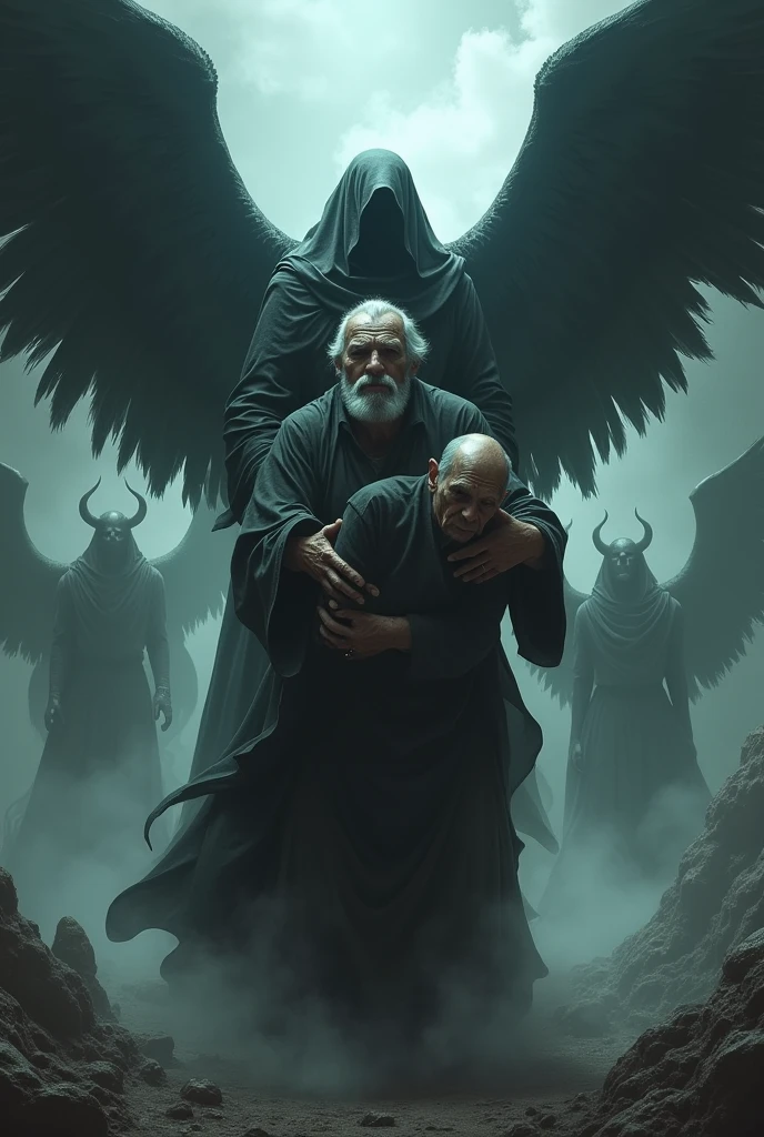 7 grandfather, skinny shirtless, beating a man with a crow mask and a pope suit