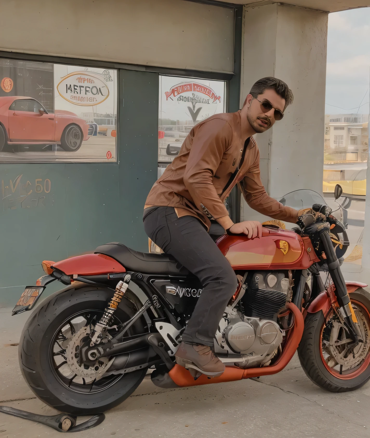 mature man, hold motorcycle (cafe racer 500 cc) , sunglasses aviator , bat-like handlebars in high Definition details fingers , speed way direction , speed motorcycle , predominant color of the red ferrari motorcycle , light brown leather bench, , wearing his plaid shirt , jeans , 