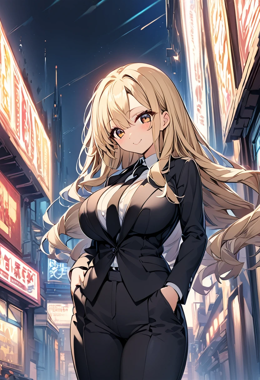 One girl　Cute Girls　Anime Style　Anime Face　Anime Style　Beauty　Big Breasts　Black pants suit　Black colored shirt　Black color tie　Blonde hair　Straight Hair　long hair