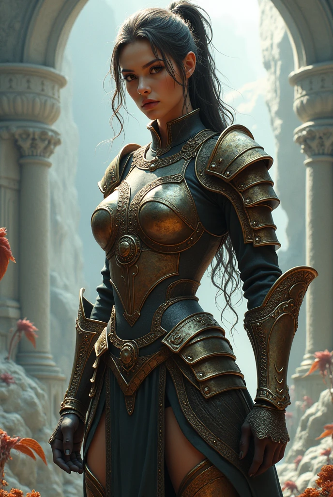 A woman from the Hyborian Age, strong and beautiful warrior, Caucasian skin,black metal armor on the legs, and I don't wear a low-cut top, black metal helmet with black horns, A screen