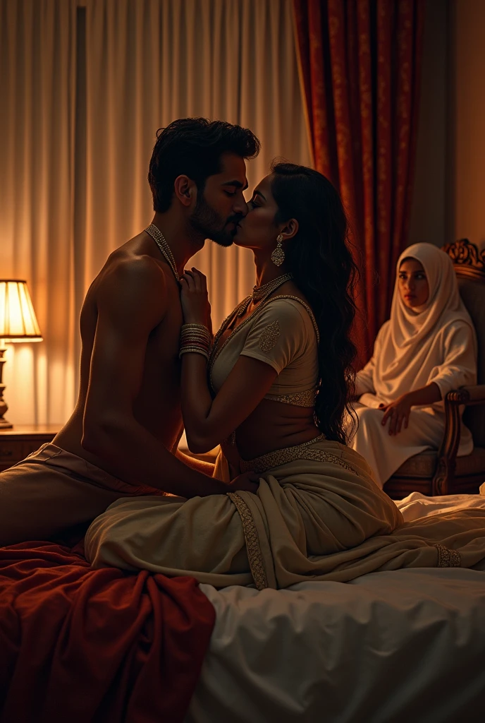 muslim women wearing crop top black hijab, with muscular Hindu pandit on bed doing kiss