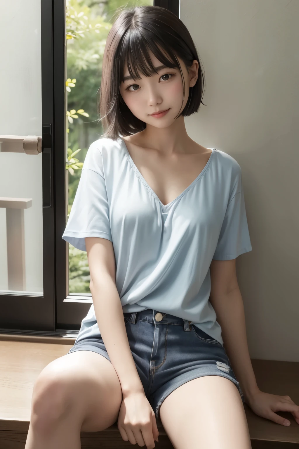 detailed_background, realistic, 1girl, sitting on a small chair, back against the walll, bedroom, eye glasses, blushes, nighttime, bob cut, bangs, white short sleeve blouse, overhang, cleavage, big bust, small waist, denim mini skirt, bare legs, thighs, thicc_thighs,