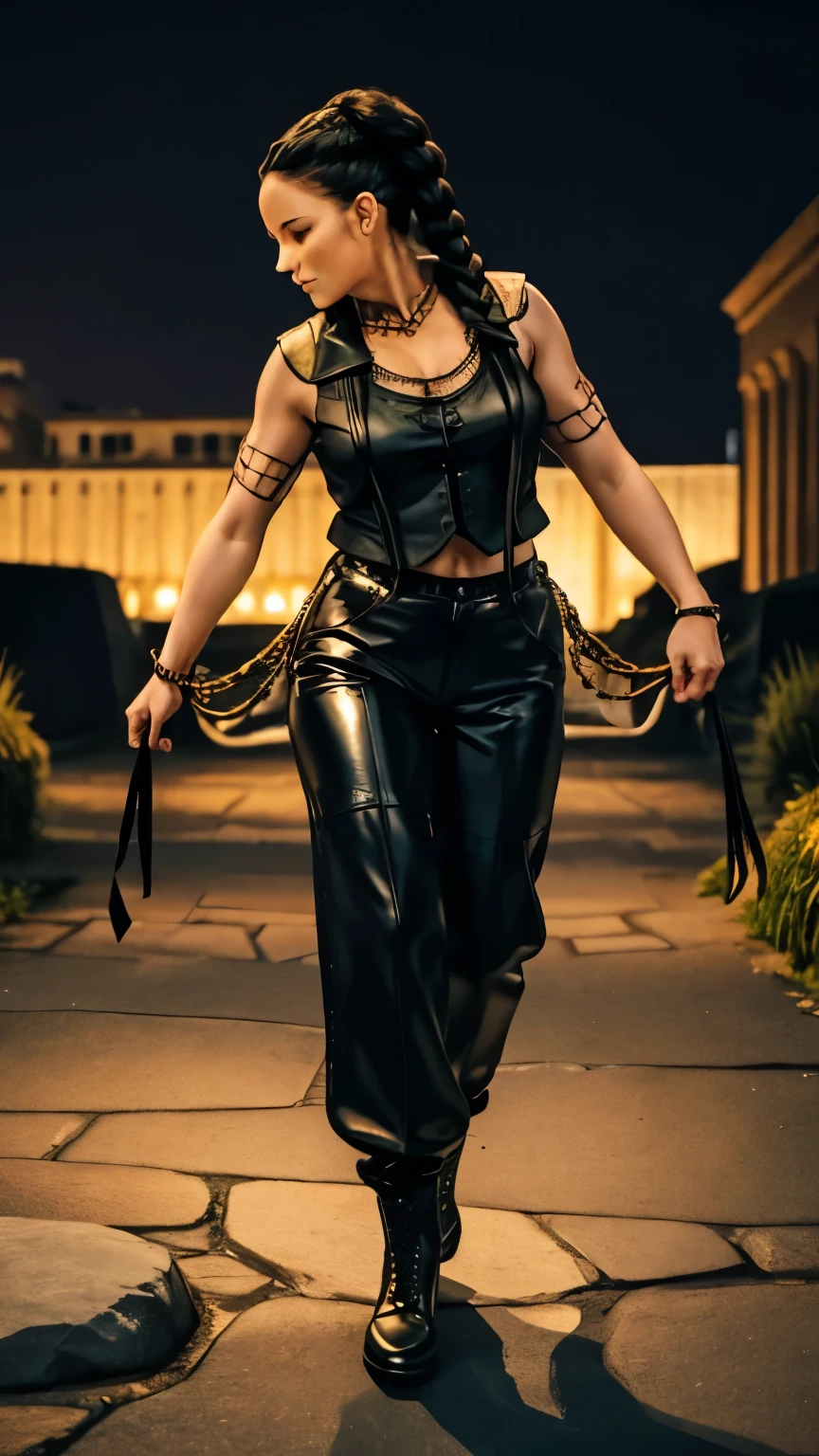 An Irish forty year old woman dances on a large flat stone at night. Woman holds burning chains in her hands. The woman's hairstyle is several braids tied into a large braid at the back and the sides of her head are shaved bald. The Irish woman wears a black leather vest over a yellow lace blouse and black leather flared trousers with yellow stitching. The picture is supposed to be at night. The woman's face should be shown clearly and clearly. The woman should be depicted in a full body pose.