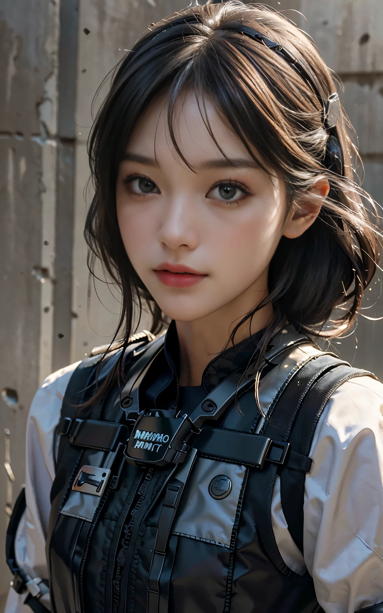 ((Best Quality, 8K, Masterpiece: 1.3, best quality)), photorealistic, photorealism, high resolution, ((face close up:1.2)), (detailed face skin, reallistic, Photorealsitic:1.37), face of 1girl , looking at the viewer, (Detailed face), medium long hair, (wearing dark rubber suit, tactical vests, military harness, high-tech headset), concrete wall background,