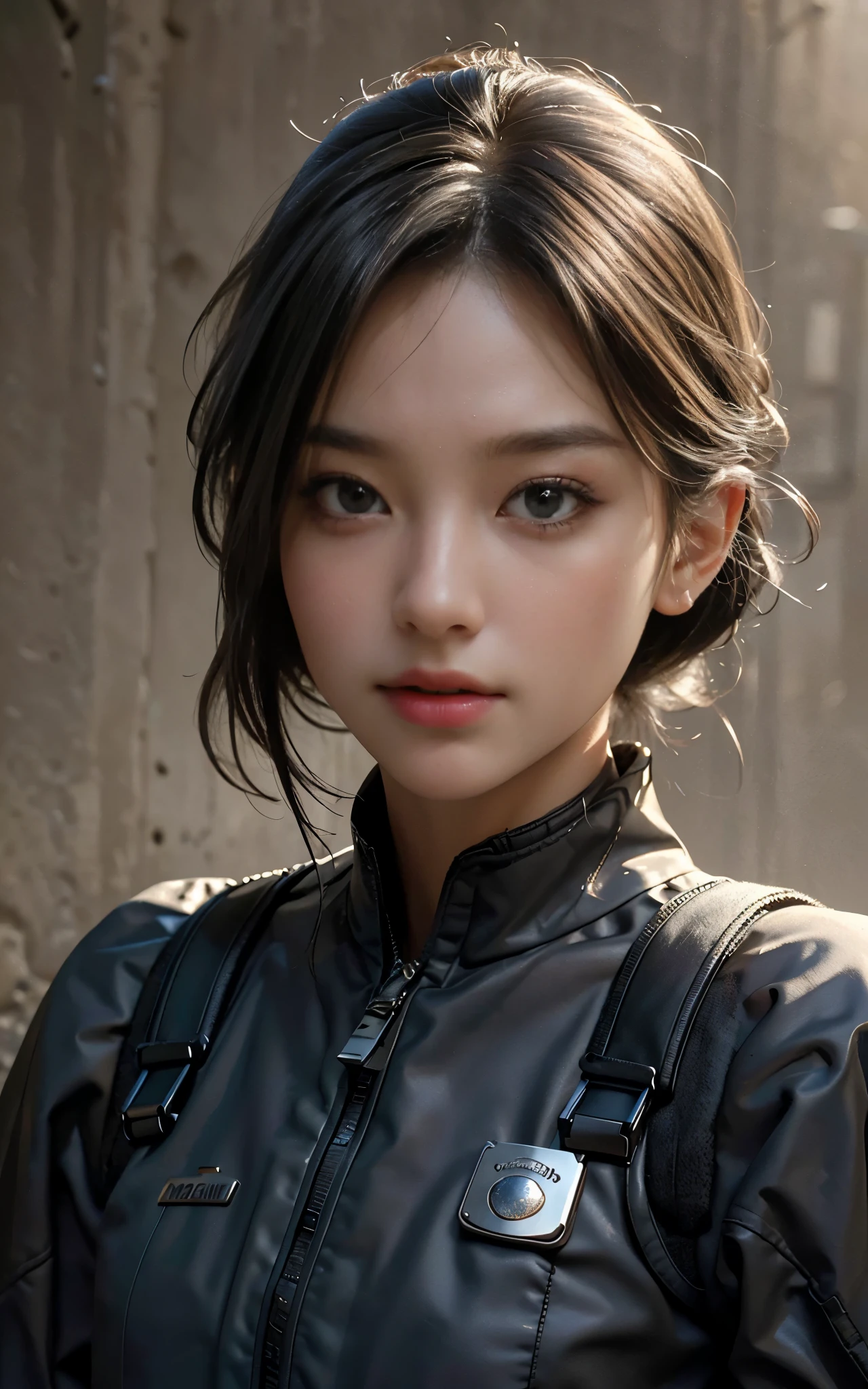 ((Best Quality, 8K, Masterpiece: 1.3, best quality)), photorealistic, photorealism, high resolution, ((face close up:1.2)), (detailed face skin, reallistic, Photorealsitic:1.37), face of 1girl , looking at the viewer, (Detailed face), medium long hair, (wearing dark rubber suit, tactical vests, military harness, high-tech headset), concrete wall background,