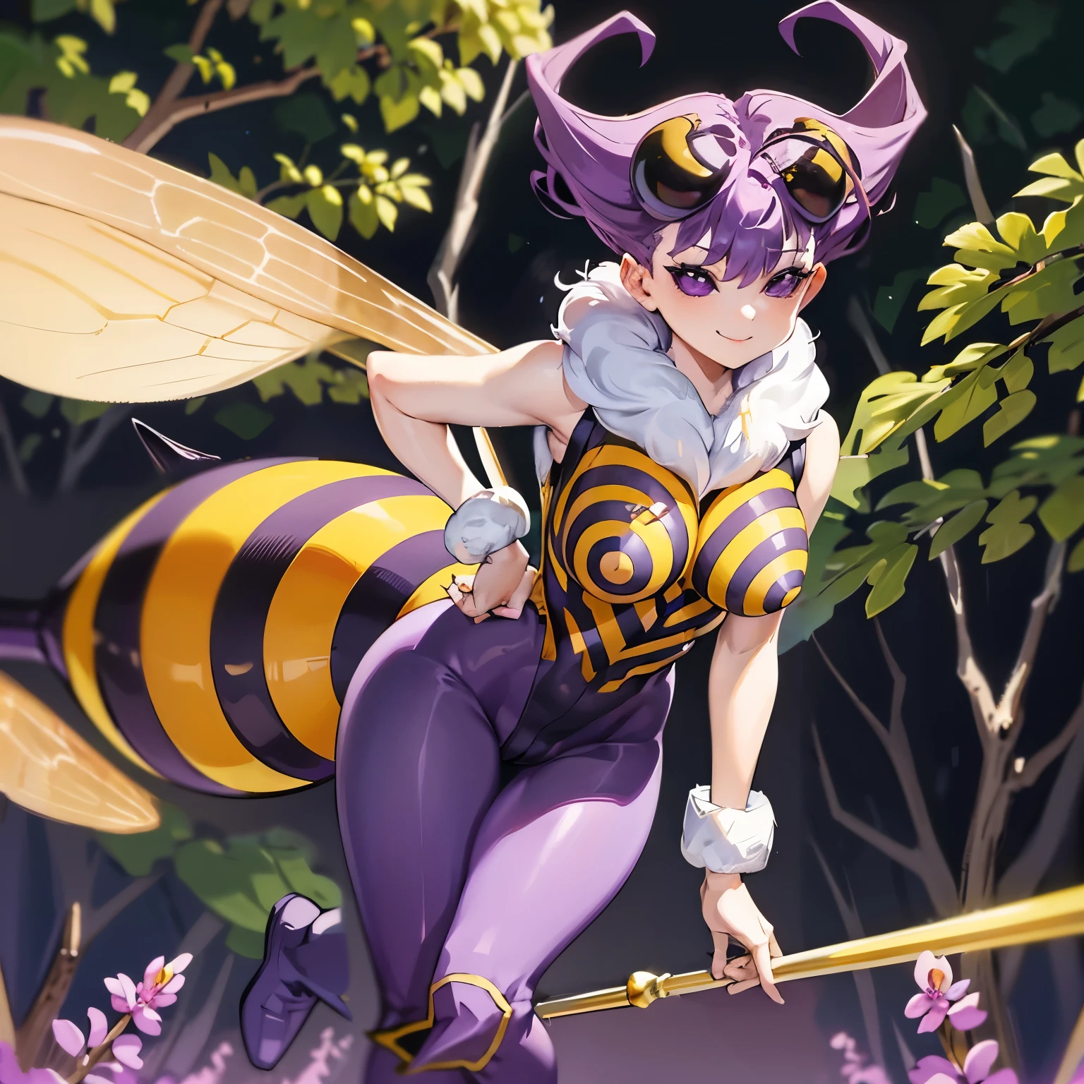 1girl, solo, bee girl, abdomen tail, bee tail, arthropod girl, wings, solo, antennae, purple hair, insect wings in the back, monster girl, purple eyes, short hair, finger to mouth, pantyhose, looking at viewer, purple pantyhose, bangs, leotard, fur collar, full body, smile, bare shoulders, bodysuit, sleeveless, breasts, fur trim, standing, seductive, mystical forest, vegetation, tree, (masterpiece), best quality, highres, 4k, 8k, Detailed Illustration, intricate detail, cinematic lighting, amazing quality, amazing shading, soft lighting, detailed face, low angle view, from below, hand on hips, back, rear back, from behind,