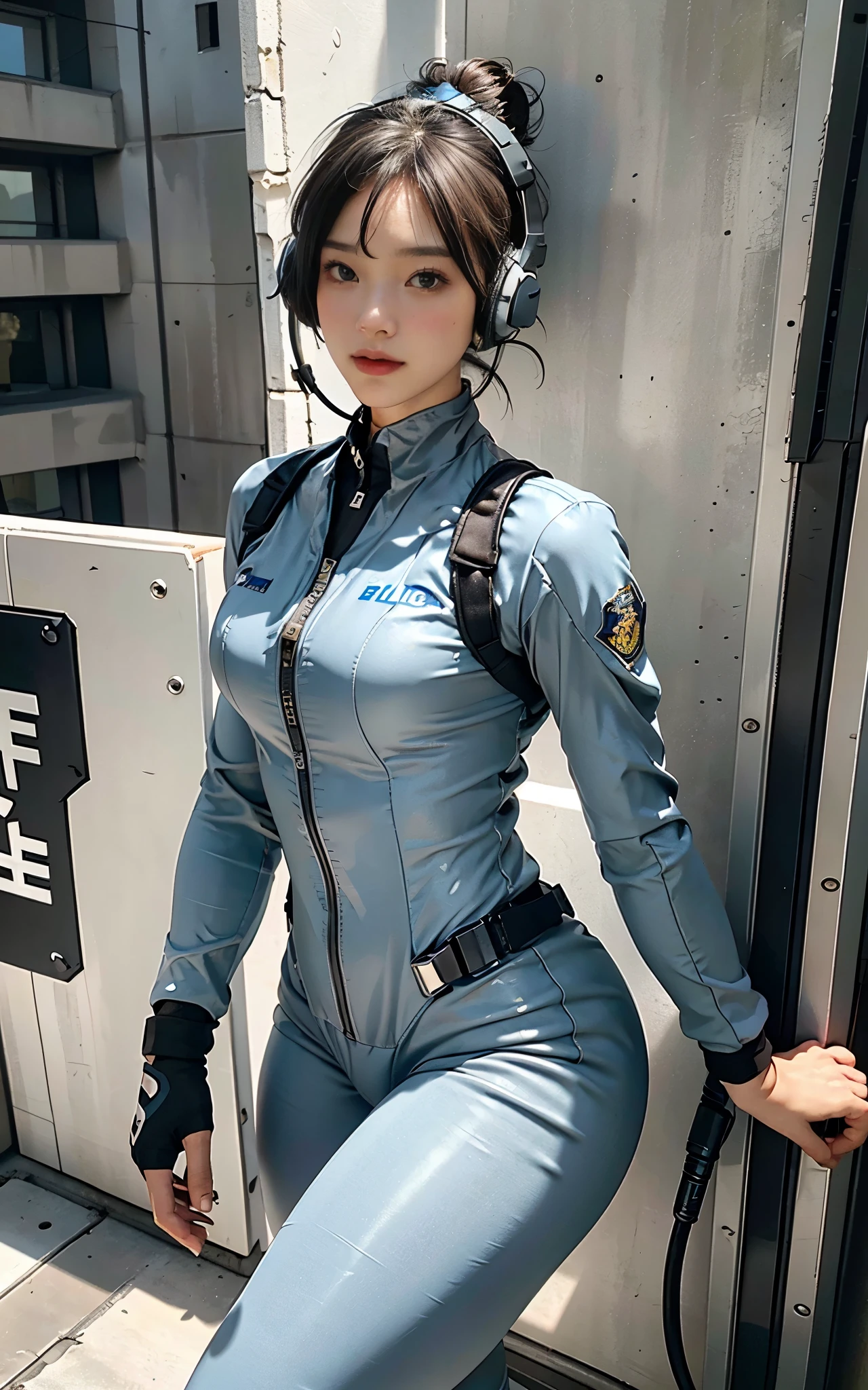 Highest image quality, outstanding details, ultra-high resolution, (realism: 1.4), ((close up:0.75)), highly condensed 1lady, with beautiful and a delicate face, perfect proportion, (Kicking To Viewer), (chubby:0.3, small breasts), (wearing racing suit likes police uniform, black and gray mecha, wearing high-tech headset, military harness, holding a machinegun), background simple gray wall,