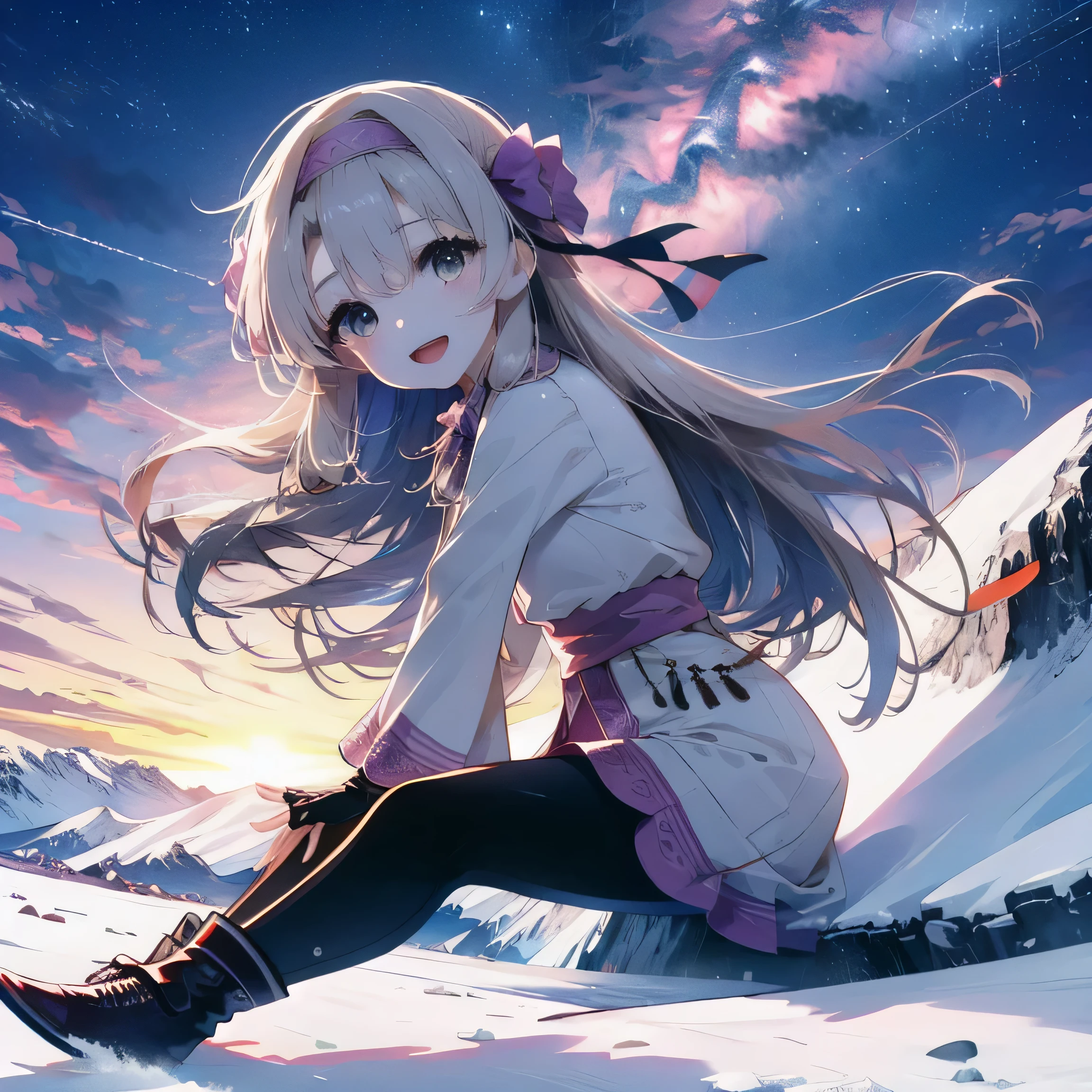 1girl, solo, sitonai, ainu clothes, long sleeves, fingerless gloves, wide sleeves, off shoulders, leggings, pretty girl, a happy smile、full body, sitting, shooting star、supernova explosion、Solar flare、Meteor、Aurora、Antarctica、Snow Scene、(penguins), Beautiful background、Beautiful Eyes、Open your mouth、Hair blowing in the wind、Friendly pose、