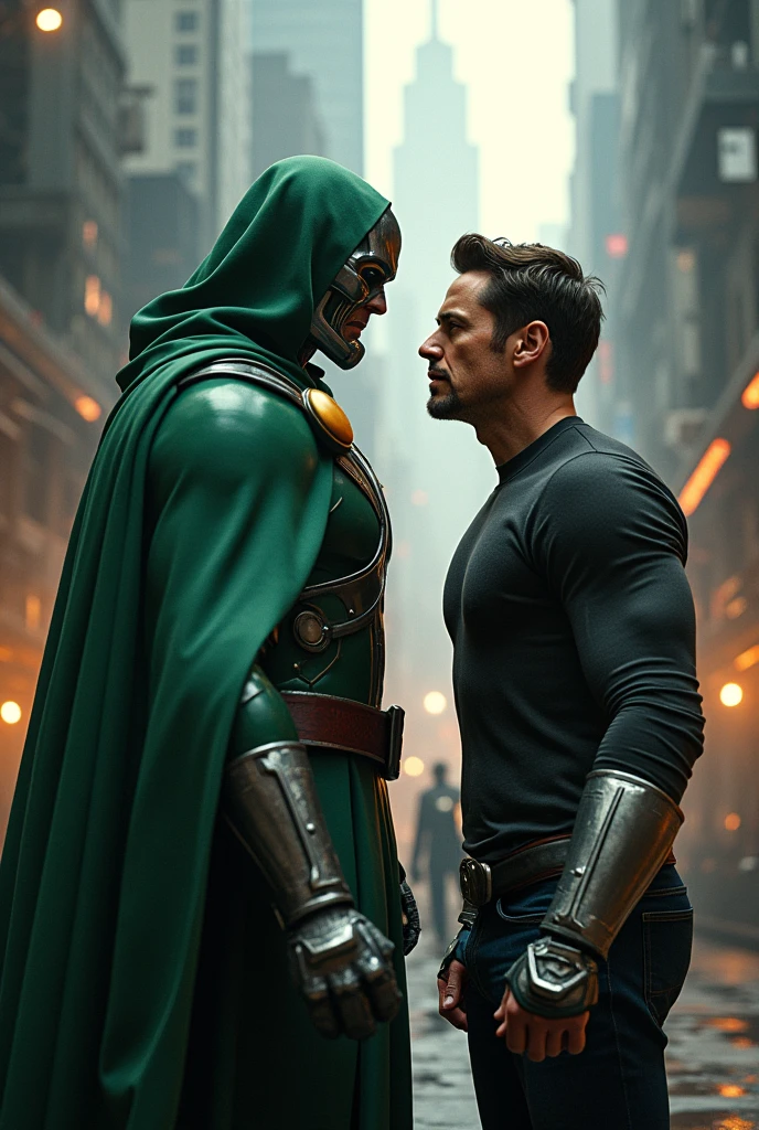 Rdj as iron man fighting with Rdj as Dr.doom
And iron man with out cape