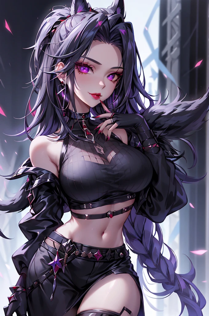 1 succubus girl, solo, earrings, jewelry, long_hair, upper_body, demon tail, succubus tattoo on lower abdomen, expression seduction, in bed,  pregnant, lewd face, sideways looking at the audience, realistic textures, soft light, complex background, seductive pose,