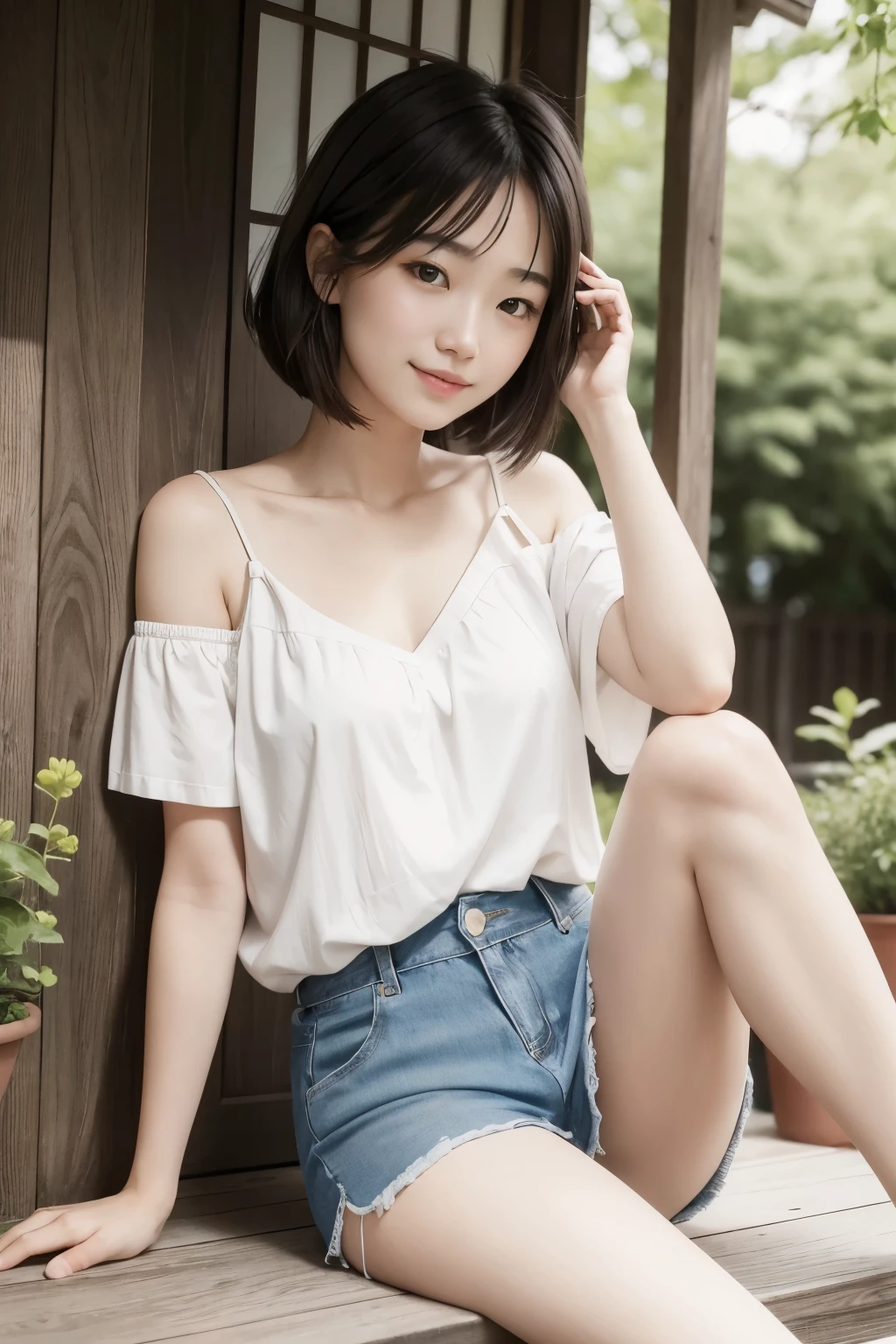 Masterpiece、Raw photography、(((Ultimate Beauty Portrait)))、((glistning skin))、close mouth、no mask、dark brown eye、teen、high school girl、age 15、natural make、short bob、((masterpiece、top-quality、ultra-detailliert、intricate-detail、hight resolution、highly detailed))、8KUHD、Digital SLR、Soft light、high quality 、Shallow depth of field、natural soft light、sitting with one knee up, open legs , spread legs, shy smile , Beautiful skin, ((of the highest quality, 16 K, masterpiece: 1.3)), 1 girl, Light on Face, hyper detailed face, very detailed lips, Detailed eyes、real looking skin、(satin white panties:1.3)、front view, (denim mini skirt:1.3), white dressed shirts、short bob、short cut
