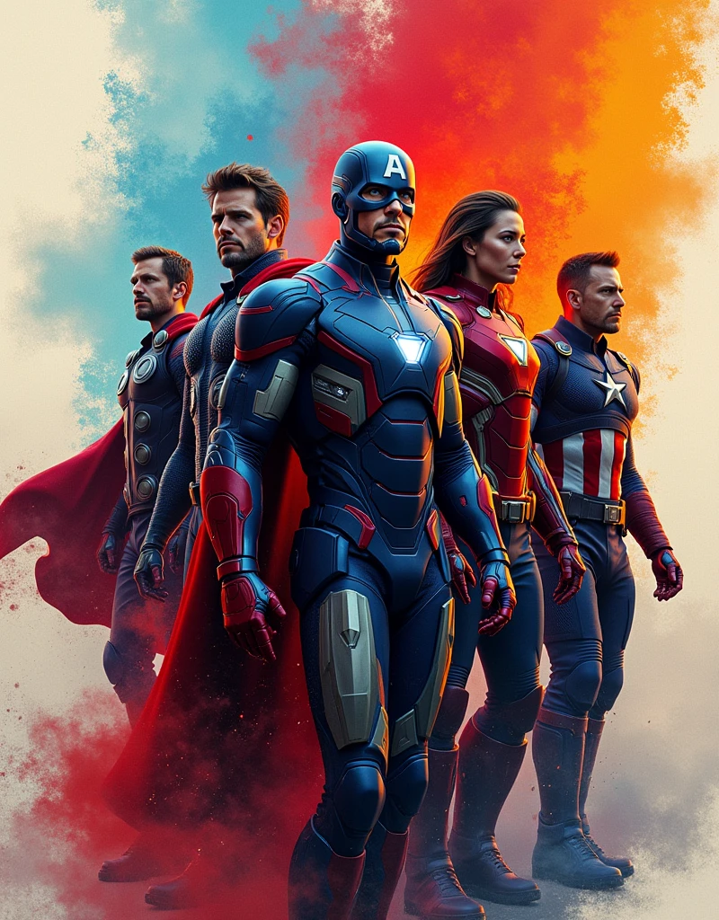 (Abstract art of Avengers:1.4), (vivid and dynamic color palette reflecting the diverse powers and personalities:1.4), (abstract representations of iconic Avengers like Iron Man, Thor, and Captain America:1.3), (geometric shapes and energetic lines illustrating their heroic actions:1.4), (contrasting elements such as metallic reds, electric blues, and vibrant golds:1.3), (overlapping forms creating a sense of power and unity:1.4), (modern and sleek with intricate textures and glowing accents:1.3), (surreal and imaginative elements highlighting their larger-than-life nature:1.4)