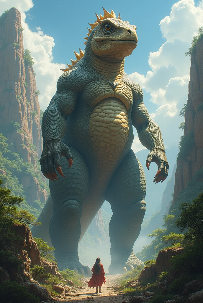 Large white lizard, with a short tail, with dark green eyes, head and neck in a circle covered with spikes,