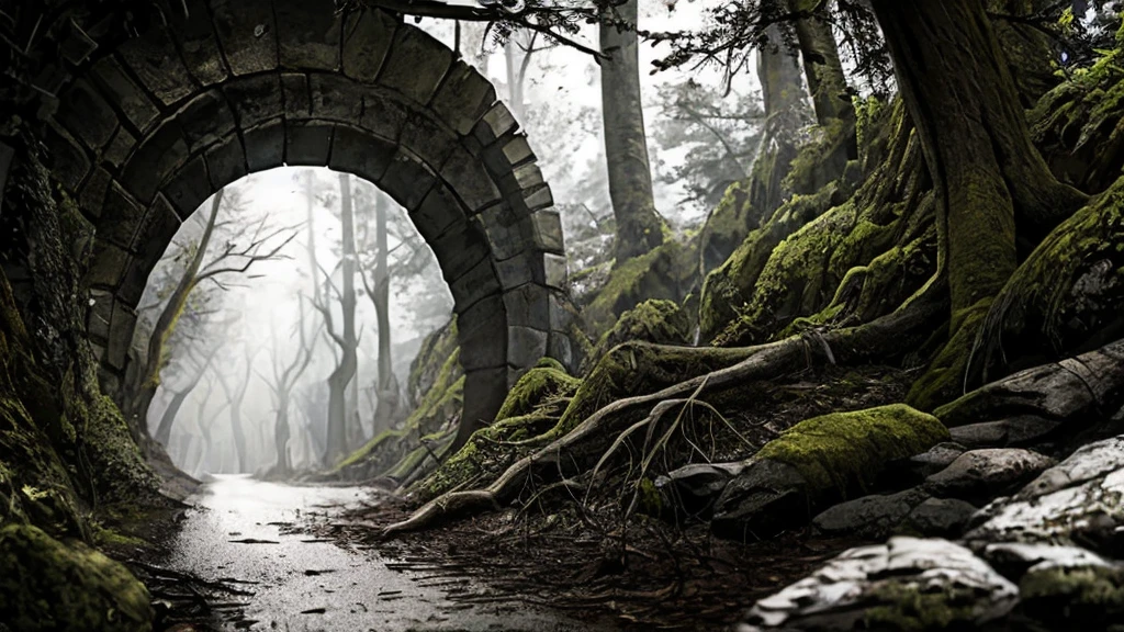 tree roots coming out of a tunnel black and white image