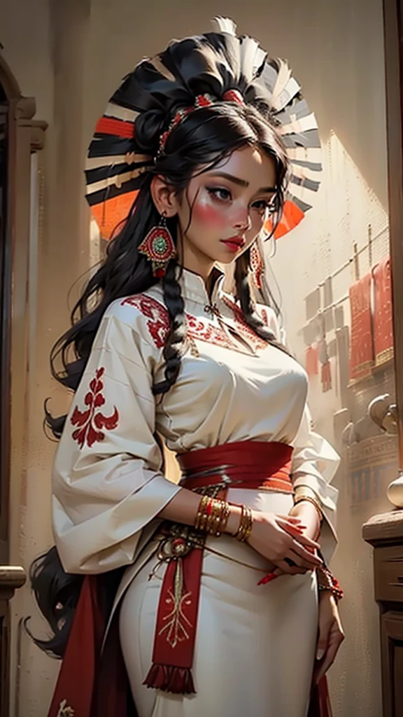 Wearing a traditional headdress adorned with red accents, she is dressed in a white blouse with intricate black embroidery, standing indoors against a backdrop of warm earth tones and beaded decorations. The overall atmosphere is formal and culturally rich.