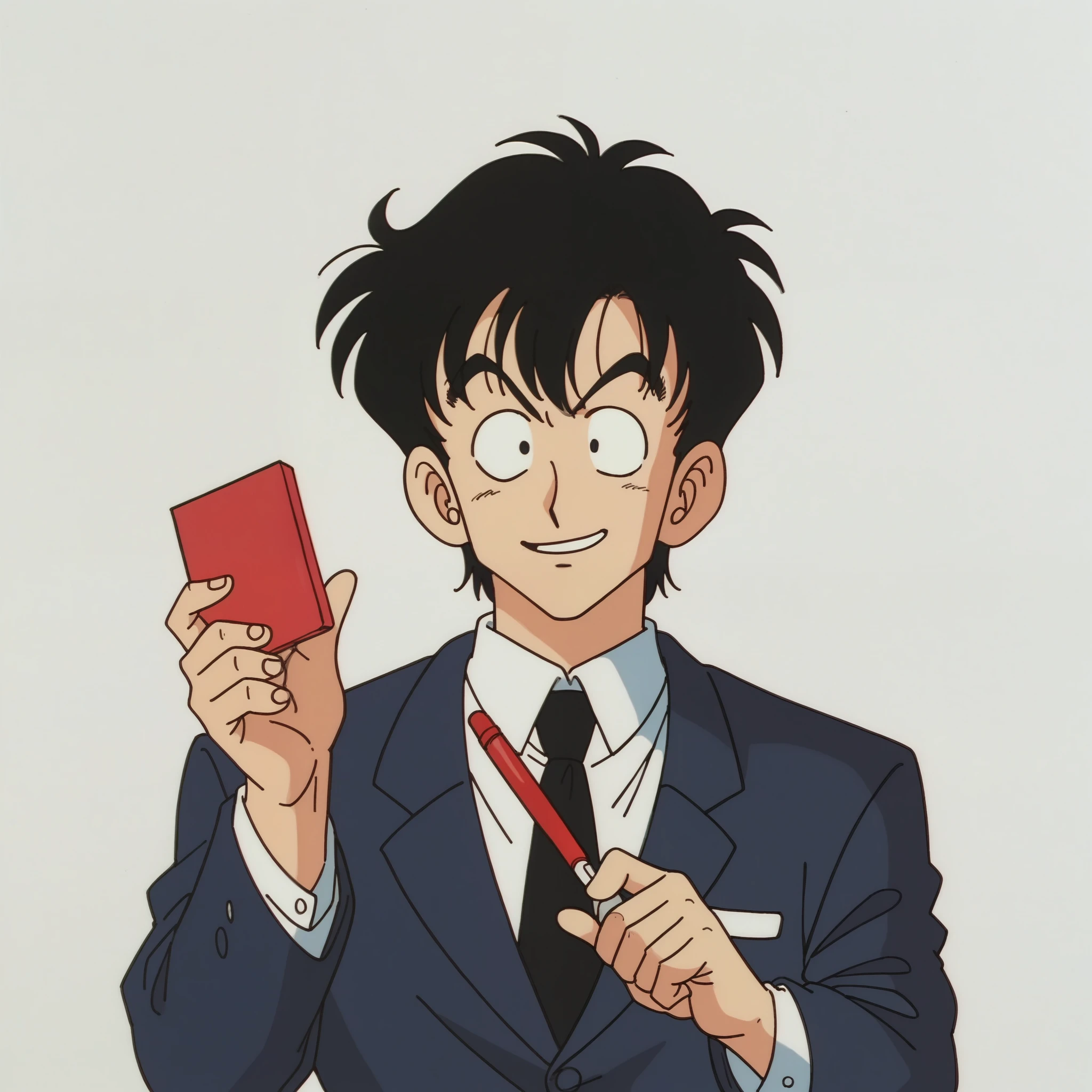 PDXL, score_9, score_8_superior, score_7_superior, sauce_anime, 8k, Absurd, 1980s \(style\), retro artstyle, anime coloring, drgbls1, One person,suit、A sincere smile、superiorper body, Portraiture, Black perm hair, A man with a good shape, Polite face、Businessman、Holding a pen and a MacBook