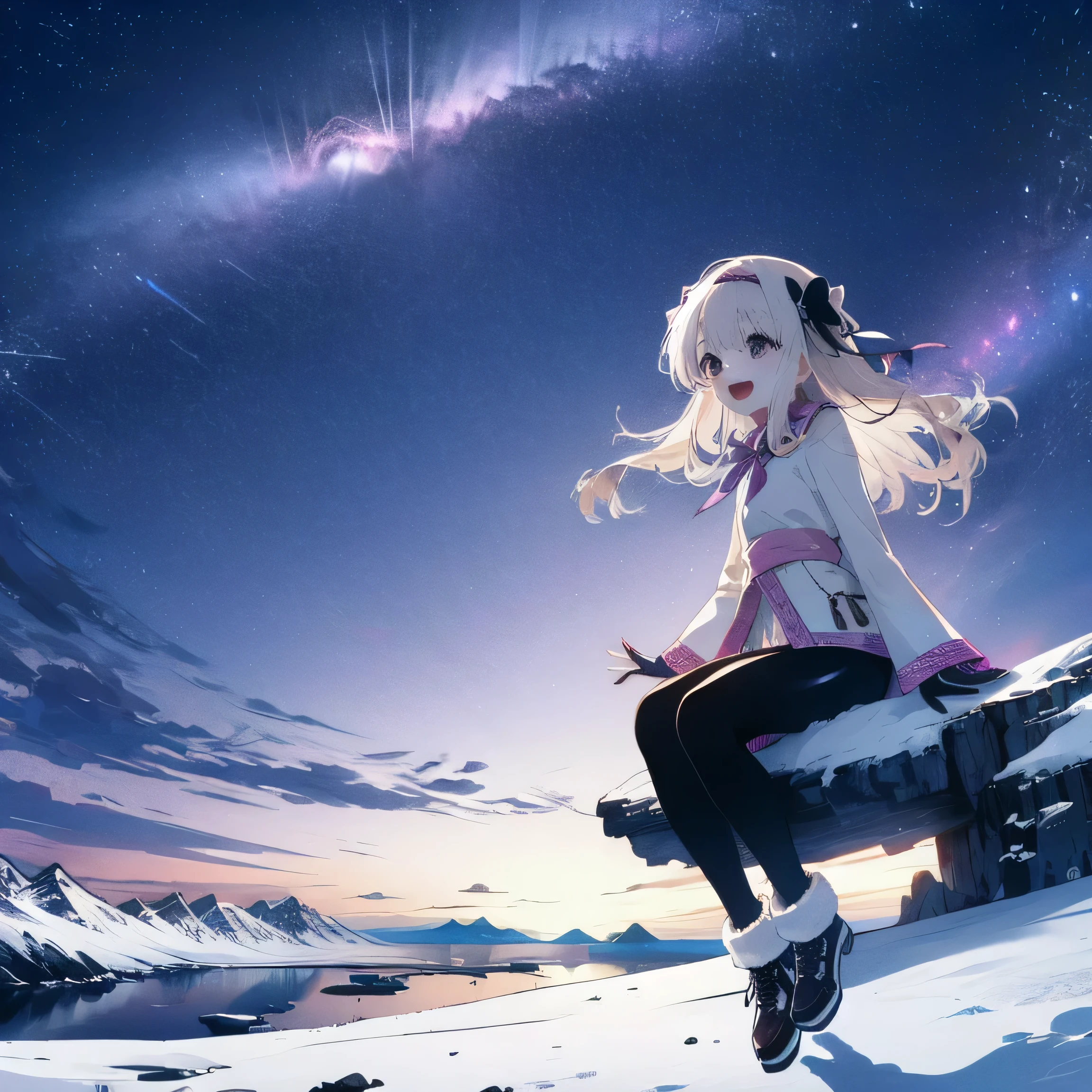 1girl, solo, sitonai, ainu clothes, long sleeves, fingerless gloves, wide sleeves, off shoulders, leggings, pretty girl, a happy smile、full body, sitting, shooting star、supernova explosion、Solar flare、Meteor、Aurora、Antarctica、Snow Scene、(penguins), Beautiful background、Beautiful Eyes、Open your mouth、Hair blowing in the wind、Friendly pose、