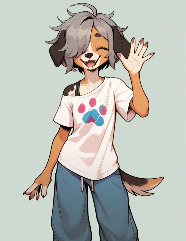 No background, white background, female, topless, Furry, Anthro, ((Australian Shepard)), detailed fur, large chest, (()), (( skinny)), white hair, eyes closed, happy, blushing, dynamic pose, (( green cotton underwear))