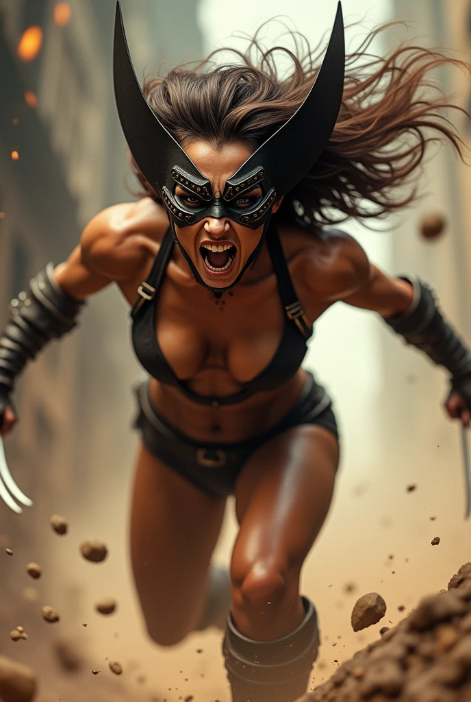 Female Wolverine in comics costume and mask in fighting pose, screaming in fury with retractable claws coming out of his hands, challenging, perfect body, brunette,clear-eyed, at dusk in the post-apocalyptic city