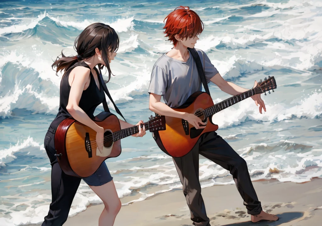 One playing guitar while one dancing on the beach