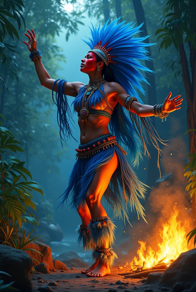 There is a beautiful indigenous woman with body paint dancing in the street